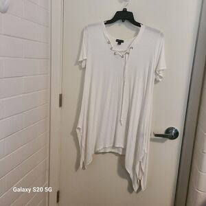 Audrey Lane Tunic Top Lace Up White‎ Casual Short Sleeve Flowy 1X Pre-Owned